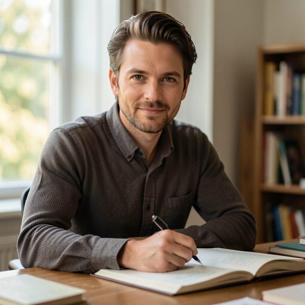 Editorial portrait of a writer at a desk, natural window light, open notebook visible