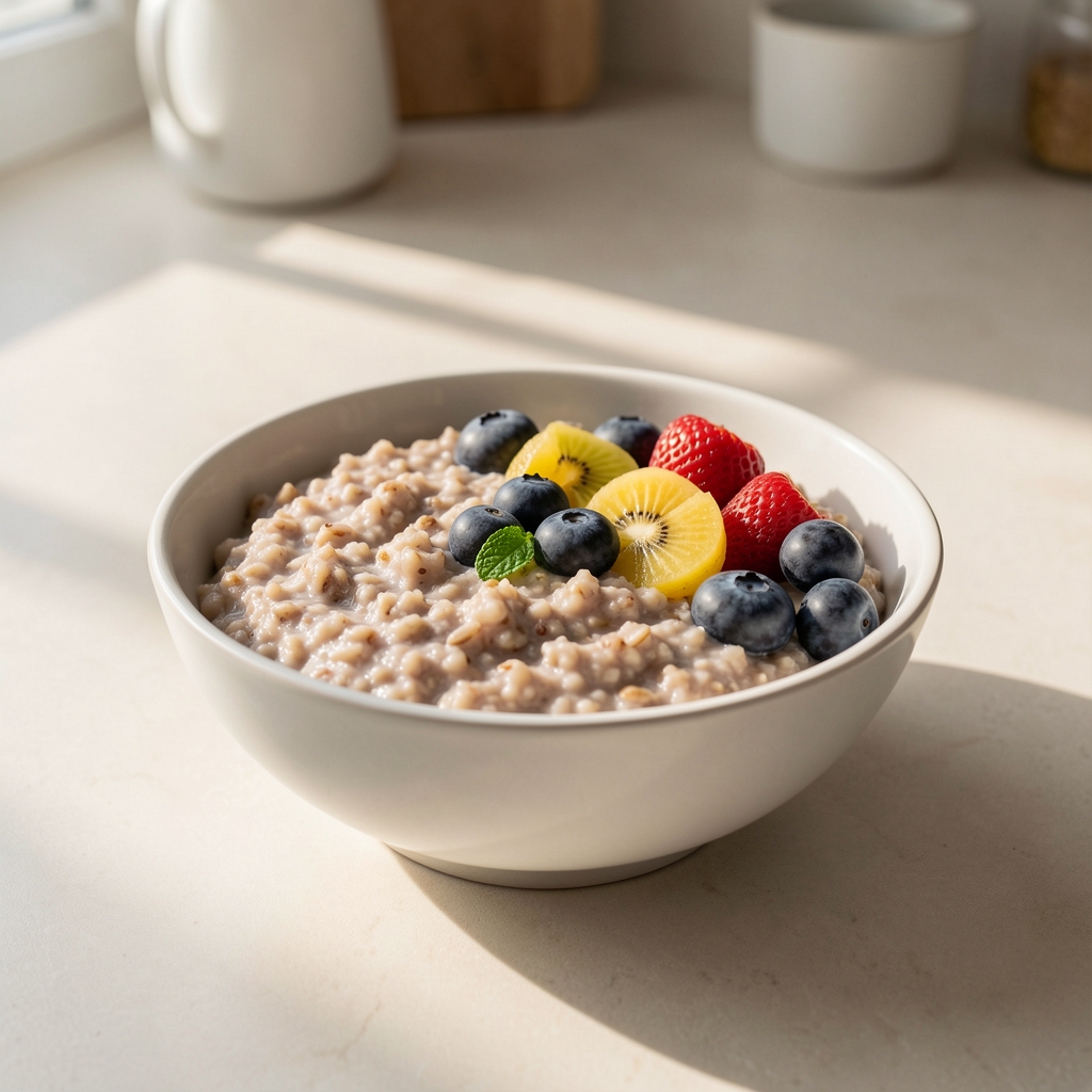 Bowl of whole grain porridge with seasonal fruit on a pale kitchen surface, morning light