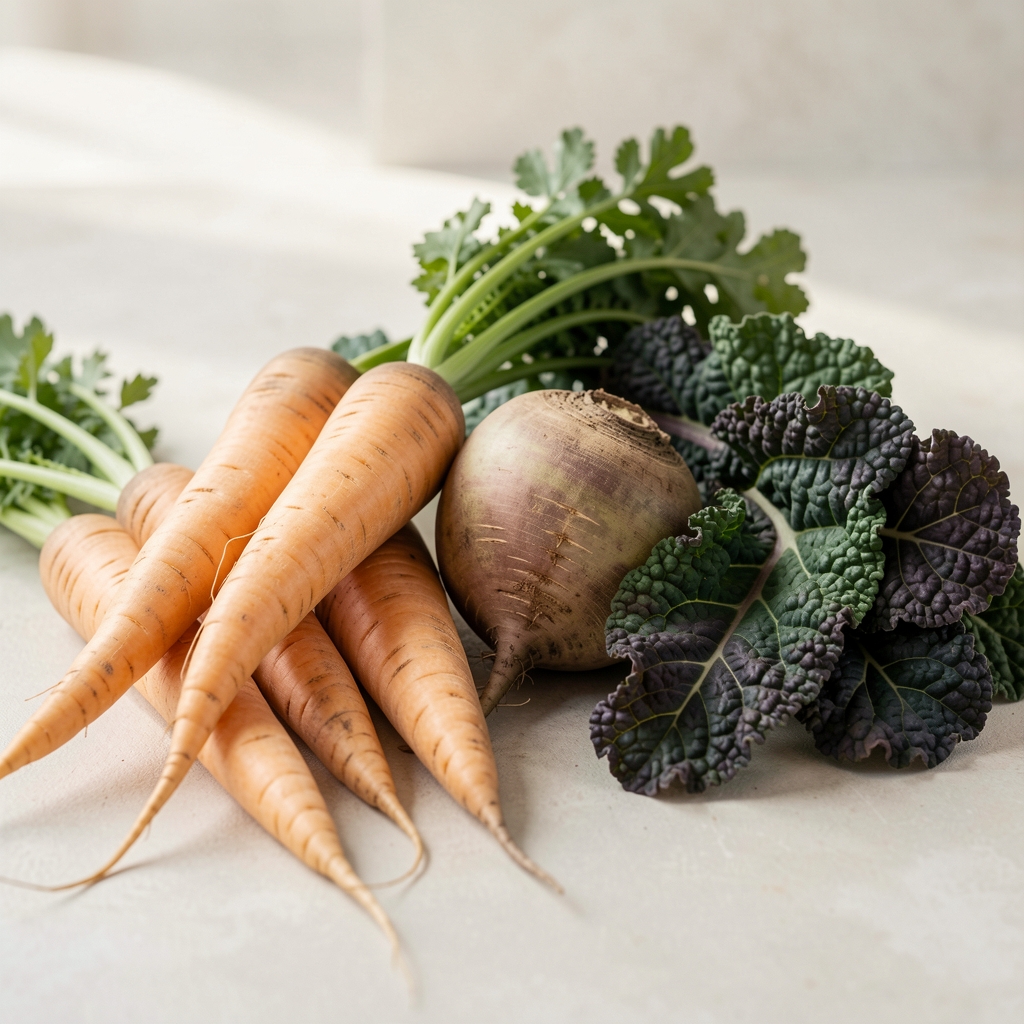 Winter root vegetables arranged on a pale surface — parsnips, swede, and dark-leafed kale in natural light