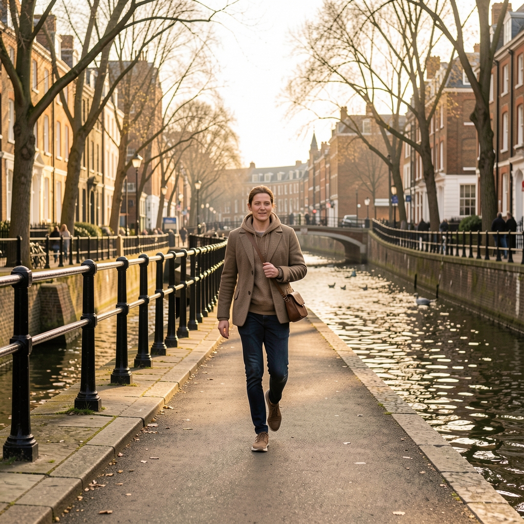 Active morning walk along a London canal path in early spring, low light, street level perspective