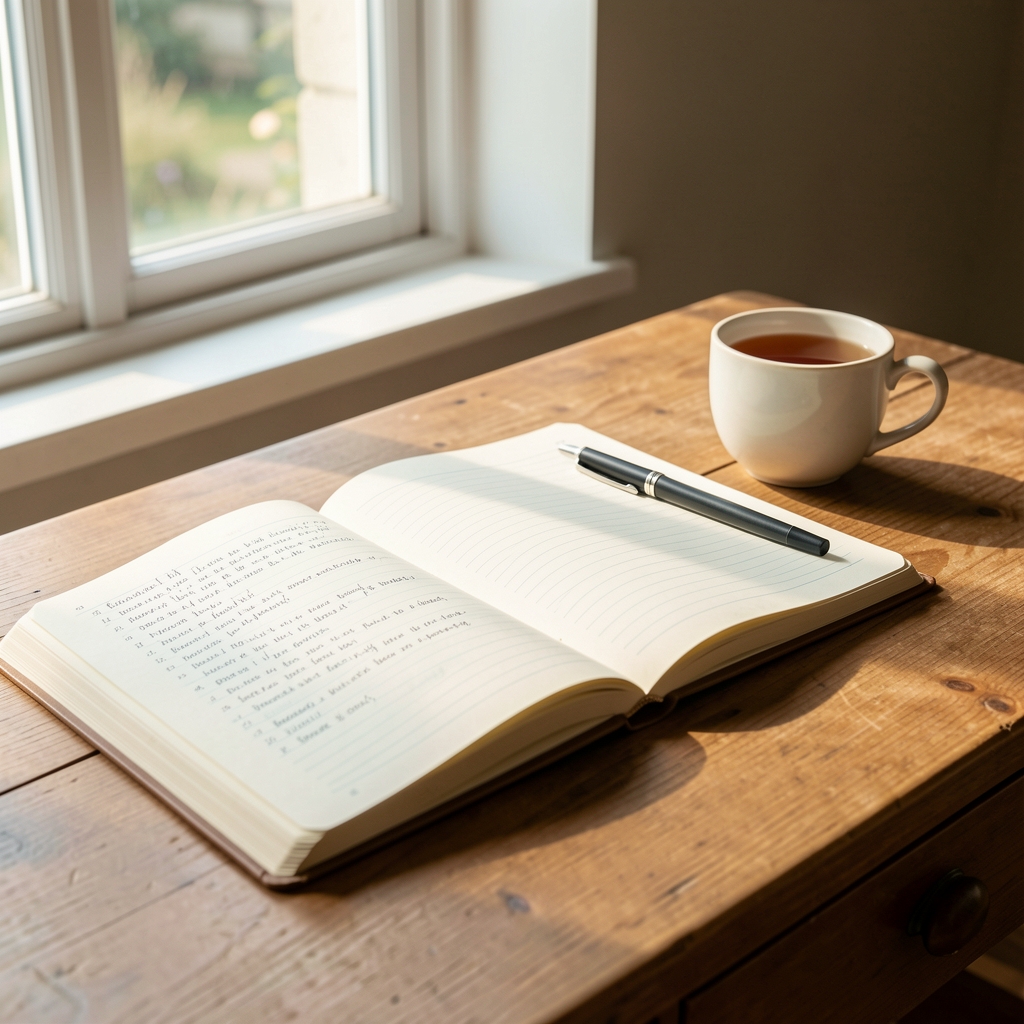 Open notebooks and reference texts arranged on a desk with morning window light and a cup of tea
